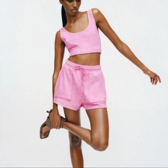 Zara Terry Cloth SET Scoop Neck Crop Top High Waist Shorts Pink Size Small - Picture 2 of 10